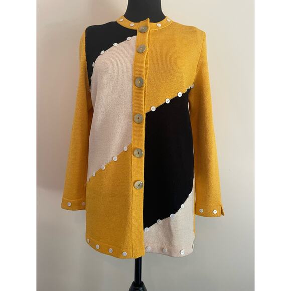 J.S.S knit wear jacket 2 pcs suit Sm yellow black cream button detail classic - Picture 4 of 16